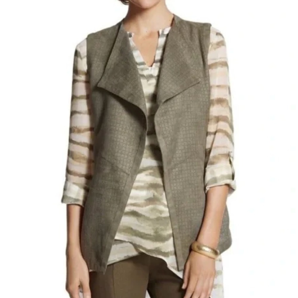 CHICO'S Olive Green Faux Suede DRAPE OPEN VEST JACKET TOP Perforated Laser Cut 2